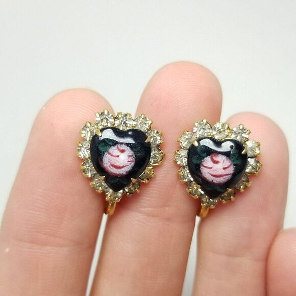 Vintage Enamel Heart Rhinestone Halo Clip On Earrings, Prong Set Screw Backs - Picture 6 of 6